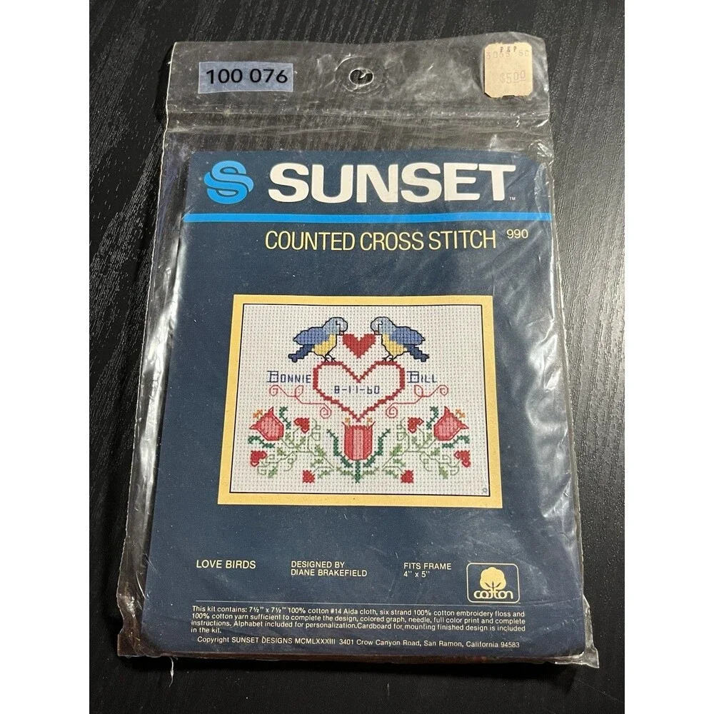 Sunset Designs Love Birds Diane Brakefield Cross Stitch Kit 990 4x5 framed VTG